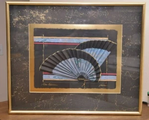 Thai Fair Verdum Asian Paper Fan Art in Mixed Media - Picture 1 of 7