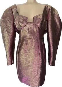 Asos Minikleid Größe 14 Ballonärmel Taille Rosa Gold Metallic Schalen Glam Neu mit Etikett - Bild 1 von 10