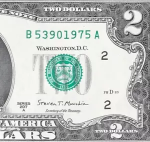 B 5390 1975 A : TRAILING YEAR 1975 $2 Two Dollar Bill Serial Number - Picture 1 of 3