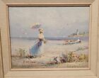 J Miller  Canvas Oil Painting Victorian Women On Beach Signed 10” x 8” 