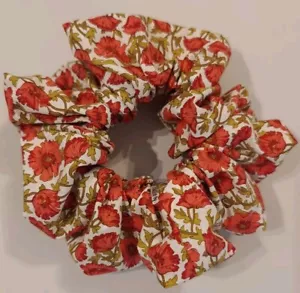 Extra Large Hair Scrunchie Poppy On White Red Poppies Floral Cotton Scrunchies - Picture 1 of 9
