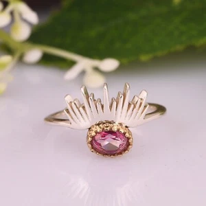 Elegant Two Tone Sun Rise Stackable Ring With Pink Topaz For Anniversary Gift - Picture 1 of 11