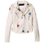 Womens Embroidery Pu Leather Casual Outwear Floral Rivets Motorcycle Jacket Coat
