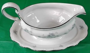 Blue Garland Gravy Bowl Underplate Johann Haviland Bavaria Germany Platinum Trim - Picture 1 of 4