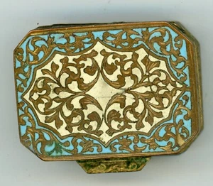 Vintage Ornate Gold Scrolled Trinket Pill Box with Blue & White Enamel - Picture 1 of 4
