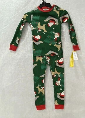 Carters Kids Pajama Set 6-8 Christmas Santa Reindeer Green Sleepwear Unisex - Image 1 of 4