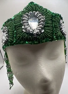 Headdress Headpiece Ethnic India, Asian, Hand Beaded Emerald And Silver - Picture 1 of 5