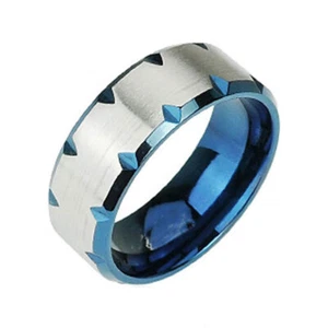8mm Titanium Ring Brush Top Blue IP Faceted Edge Two-Tone Men's Wedding Band - Picture 1 of 9