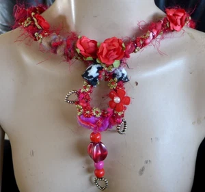 Handmade Fabric Necklace Fiber Art And Beads Direc From Artist One Of A Kind - Picture 1 of 11