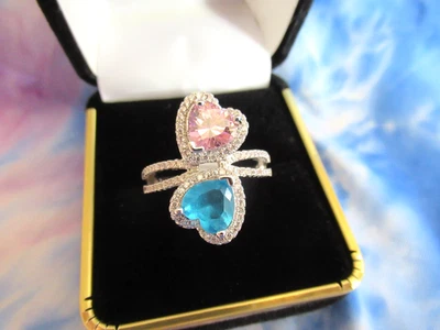 White Gold Plated Heart  Blue & Pink  Glass Crystals Gemstones Size 8  Ring - Image 1 of 4