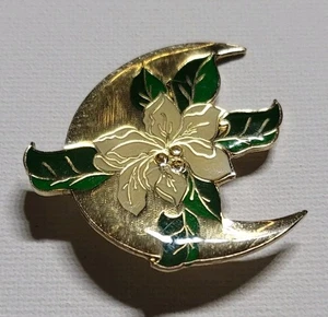 White Enamel Flower Rhinestone Gold Tone Metal Crescent Moon Brooch Vintage - Picture 1 of 3