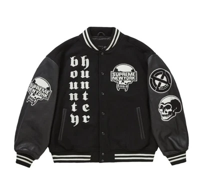 Men's Bounty Hunter Retro Bomber Style Black Red Wool & Leather Varsity Jacket - Image 1 of 4