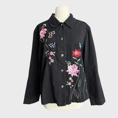 Chaqueta vaquera negra XL vintage años 90 abotonada floral bordado retazos Foto 1 de 4