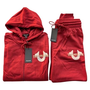 True Religion Men's Size XL Sweatsuit Fleece Tracksuit Hoodie Joggers Set Maroon - Picture 1 of 15