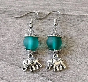 Handmade Silver Elephant Sea Green Frosted Glass Drop Dangle Earrings - Picture 1 of 3