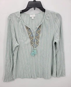 J Jill Top Womens Small Petite Blue Stripe Gauze Embroidered Tassel Tie Beachy - Picture 1 of 10