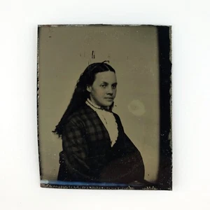 Pretty Plaid Young Lady Tintype c1870 Antique 1/16 Plate Girl Woman Photo B2816 - Picture 1 of 2