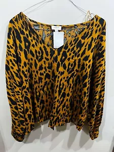 Umgee Women's V-neck Shirt Top Size L Leopard Print Sheer Long Sleeves Boho NWT - Picture 1 of 7