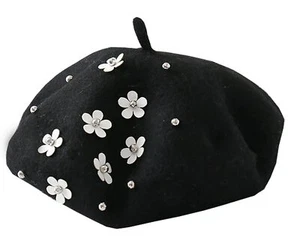 Kids Girls Wool Felt Flowers Beret Hat French Artist Beanie Cap Black - Picture 1 of 4