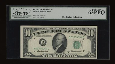 DBR 1950-B $10 New York Fr. 2012-B Legacy 63 PPQ Serial B63374944G - Image 1 of 2