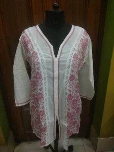 L XL DESIGNER KURTA TOP KURTI ETHNIC CHIKAN EMBROIDERY 100%COTTON HANDMADE TUNIC - Picture 1 of 6