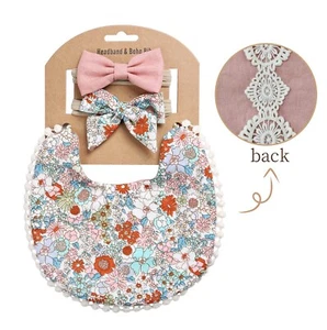 Floral Boho Reversible Baby Bib With 2 Matching Nylon Headbands, Free Shipping - Picture 1 of 1