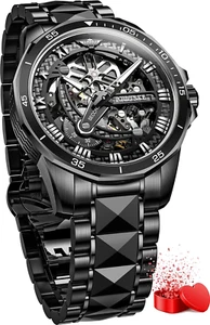 Mens Automatic Watches for Men Skeleton Mechanical Luxury Black Silver Wrist Wat - Picture 1 of 9