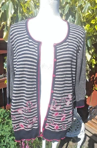 PER UNA M&S BLACK & BEIGE STRIPED & LEAF PATTERN CARDIGAN UK 16 GOOD CONDITION - Picture 1 of 7