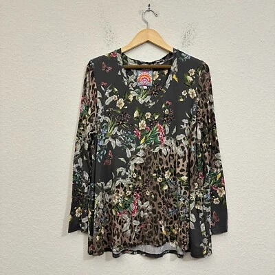 JOHNNY WAS Swing Tee Womens Sz 1X Ash Bird Leopard Favorite Long Sleeve V-Neck - Image 1 of 4