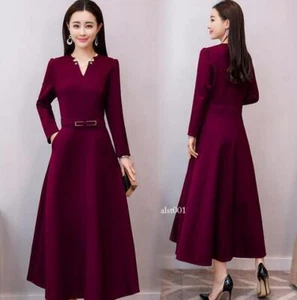 Womens Elegant V-Neck Belted Party Ball Gown Long Sleeve Slim Fit Maxi Dress - Picture 1 of 24