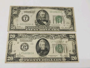 Pair Of 1928 $50 And $20 Redeemable In Gold Circulated Federal Reserve Notes  - Picture 1 of 4