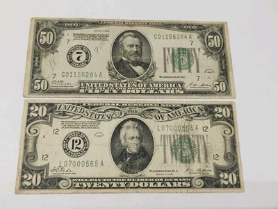 Pair Of 1928 $50 And $20 Redeemable In Gold Circulated Federal Reserve Notes  - Image 1 of 4