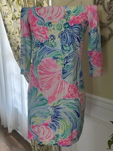 Abito in maglia Lily Pulitzer piccolo Calico stampa conchiglia spalle scoperte nuovo senza etichette! - Foto 1 di 5