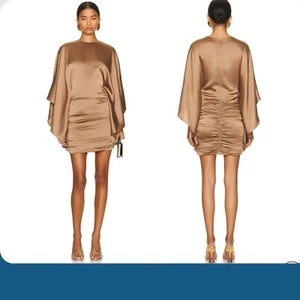 Jonathan Simkhai Größe 6 Kadence braun Latte Satin drapierte Ärmel Minikleid neu mit Etikett - Bild 1 von 16