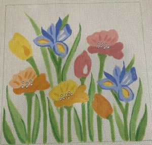 LOOPHOLES Needlepoint Canvas Vintage Flowers Floral Iris Blue Yellow Orange Pink - Picture 1 of 6