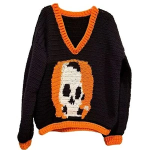 Handmade Crocheted V-neck Skull Sweater Halloween Orange Black Oversized Plus 3X - Picture 1 of 7