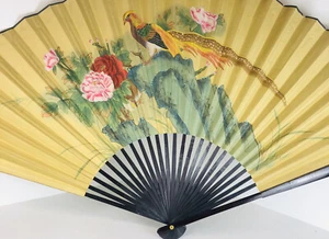 HUGE 62” Chinese Hand Painted Folding Fan Rice Paper Pheasant Red Rose Floral - Picture 1 of 12