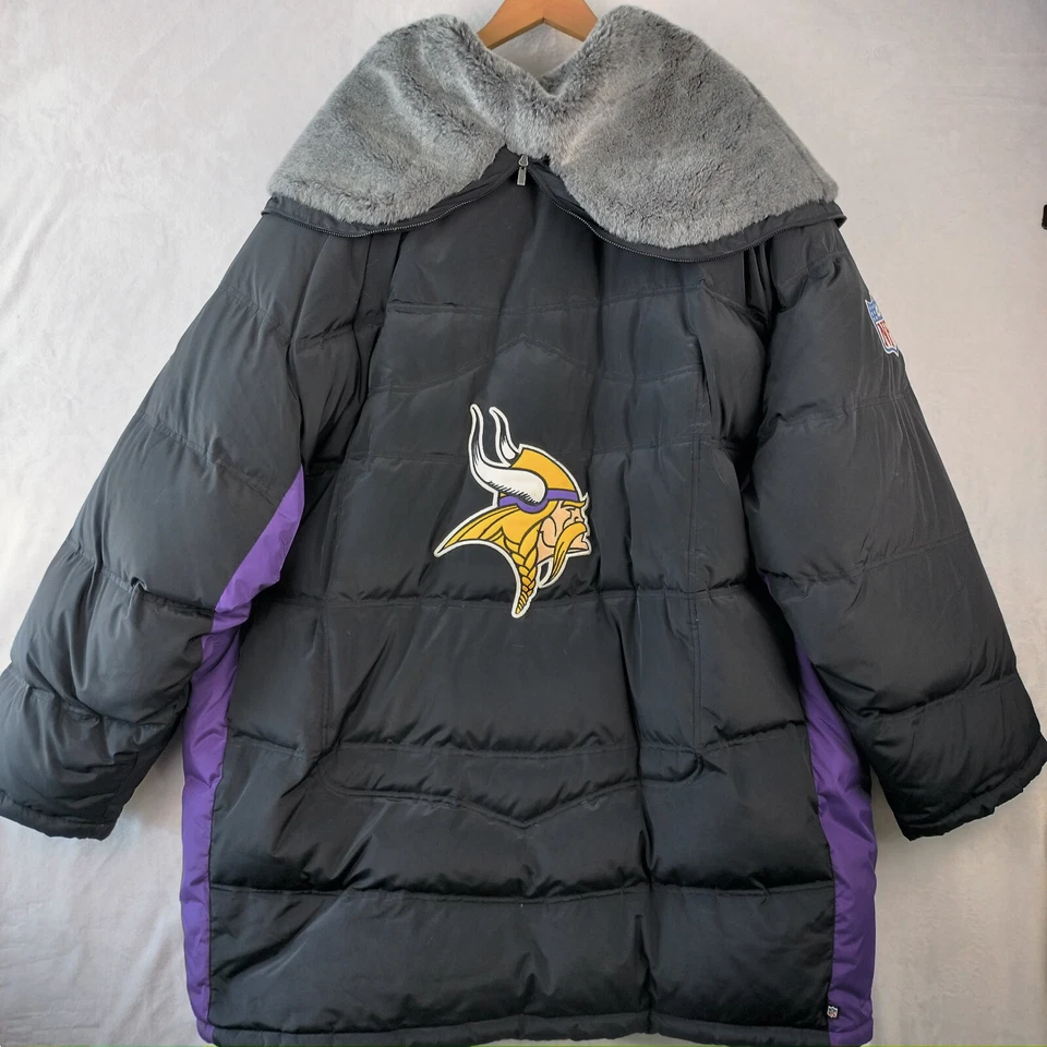 明尼苏达维京人派克外套男式 4XL 锐步黑色连帽野战羽绒外套 — 第 1/4 张图片