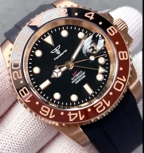 40mm Tandorio Black Dial Rose Golden Case Japan NH34A GMT Automatic Mens Watch - Picture 1 of 2