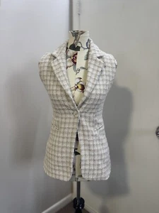 [S] Collar Tweed Sleeveless Vest Off White Check Work Office Gingham Gold - Picture 1 of 8