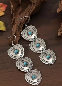 Long Heart Tier Turquoise Silver earrings Western Southwest Valentine Gift New - Picture 1 of 7