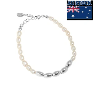 Woman REAL s925 Sterling Silver Freshwater Pearl Oval Beans Bracelet Bangle 20cm - Picture 1 of 6