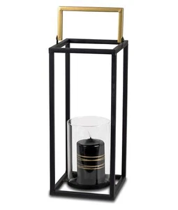 Deko Windlicht Laterne + Glaseinsatz Schwarz gold 34cm Metall Kerze Kerzenlicht - Bild 1 von 2