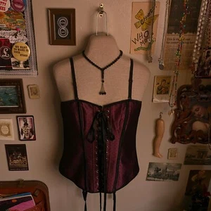 Lace Up Bustier Corset Women's Large Burgundy Purple Black Polka Dot Garters - Picture 1 of 5