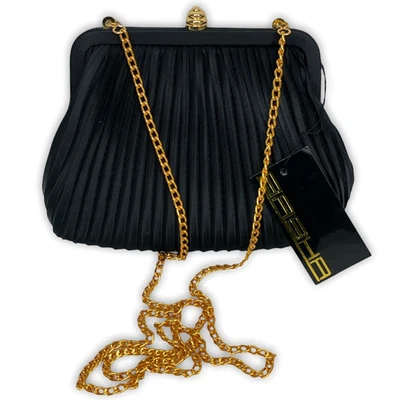 Women's Formal Small Black Snap Close Purse Gold Color Strap Chain Ribbed — NWT - Image 1 of 4
