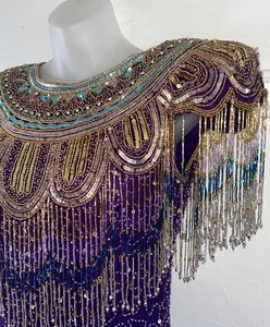 VTG 80s JAGSWEAR Mardi Gras Deco Style Sequin Bead Fringe Silk Cocktail Dress-S - Picture 1 of 11