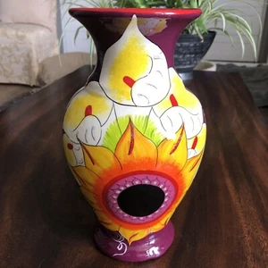 Mexican Folk Art Red Clay Pottery Vase 10" Hand Painted Floral Bright Sunflower - Picture 1 of 9