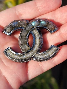 CHANEL Labradorite & Moonstone CC Brooch Genuine Gems! RARE - Picture 1 of 11