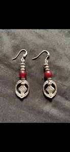 Garnet Faceted Bead And Silver Earrings One Of A Kind - Picture 1 of 4