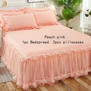 3PCS Tagesdecke Kissenbezug Set Spitze Rüschen Bett Rock Bettwäsche Hochzeit - Bild 1 von 20